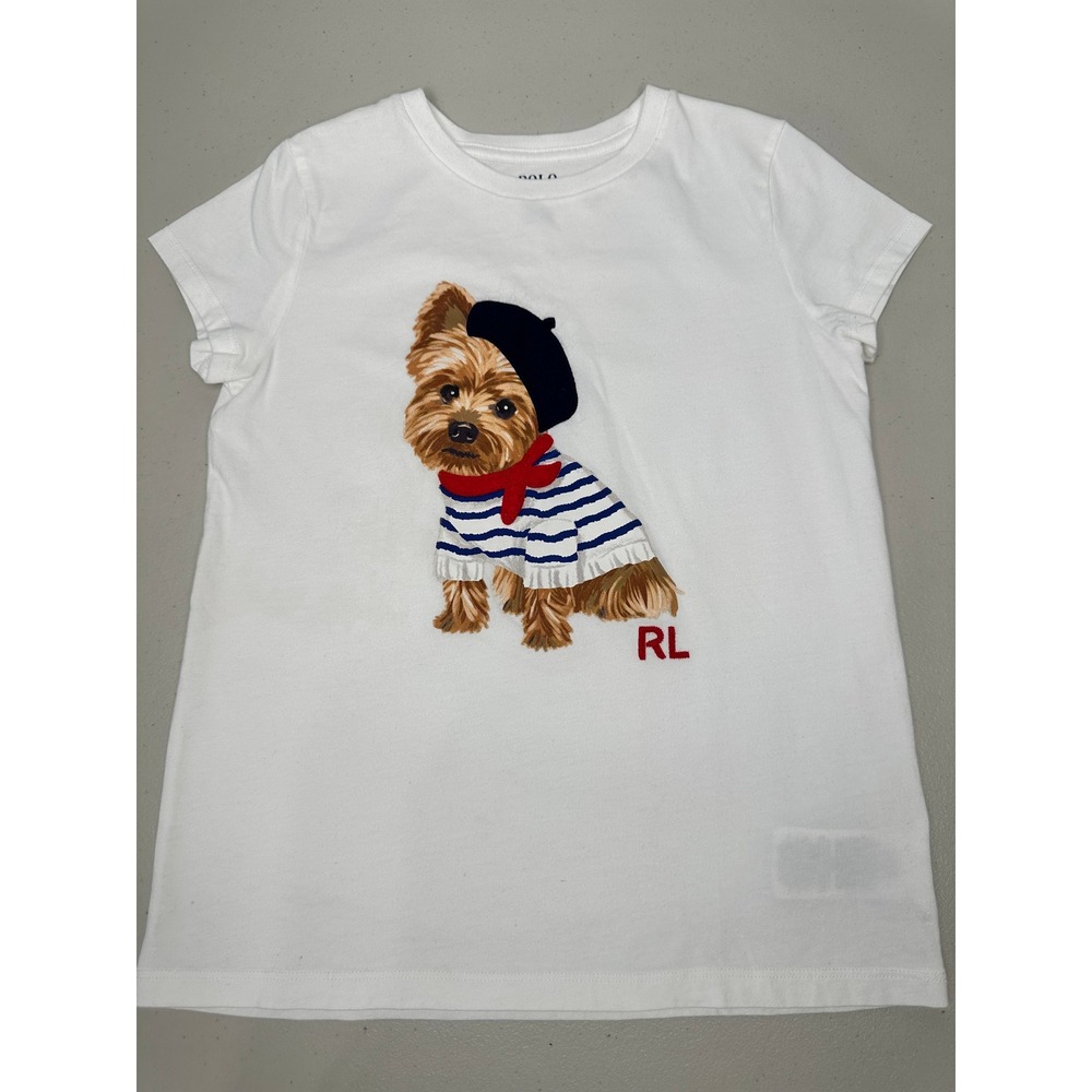 Polo Ralph Lauren Girls Graphic T-Shirt M 8 10 White Yorkie Dog Beret Stripe Tee